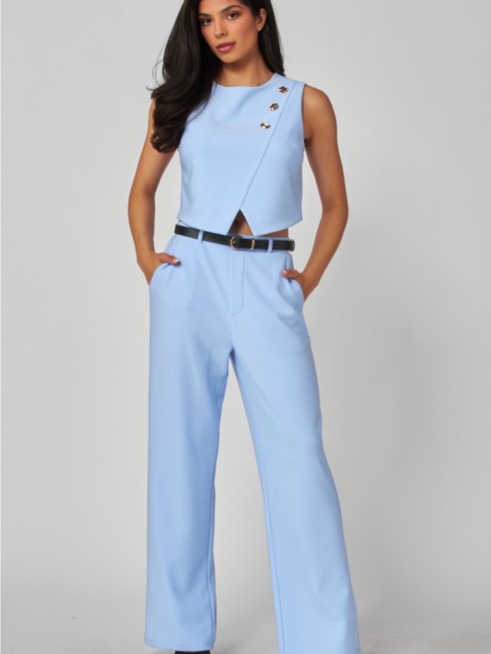 Women's Light Blue Sleeveless 2 pc set with Button Detail and Belt